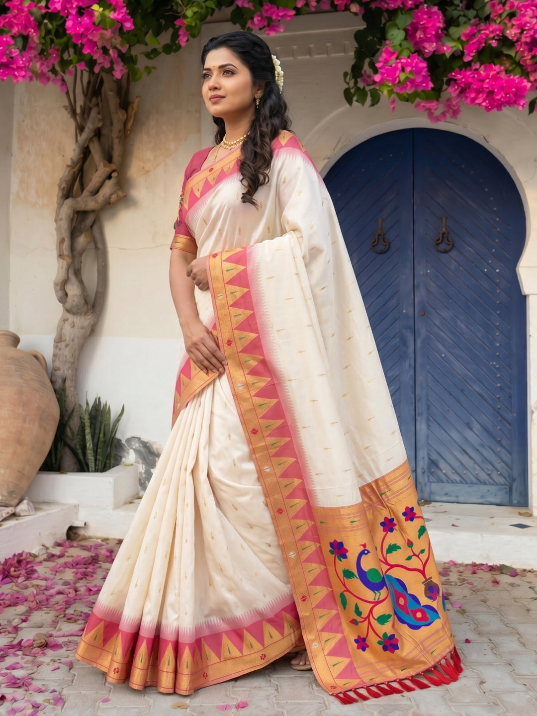 Cream Vidya Balan Inspired Muniya Temple Paithani Silk Saree