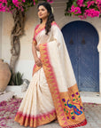 Cream Vidya Balan Inspired Muniya Temple Paithani Silk Saree