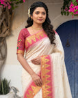 Cream Vidya Balan Inspired Muniya Temple Paithani Silk Saree