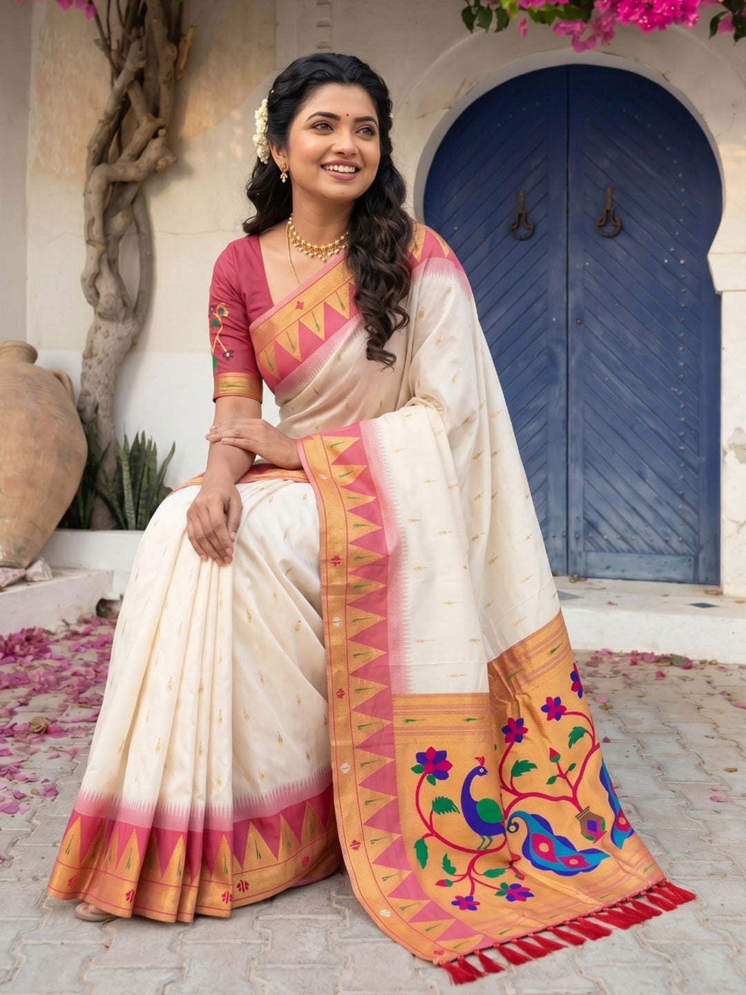 Cream Vidya Balan Inspired Muniya Temple Paithani Silk Saree