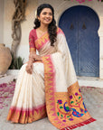 Cream Vidya Balan Inspired Muniya Temple Paithani Silk Saree