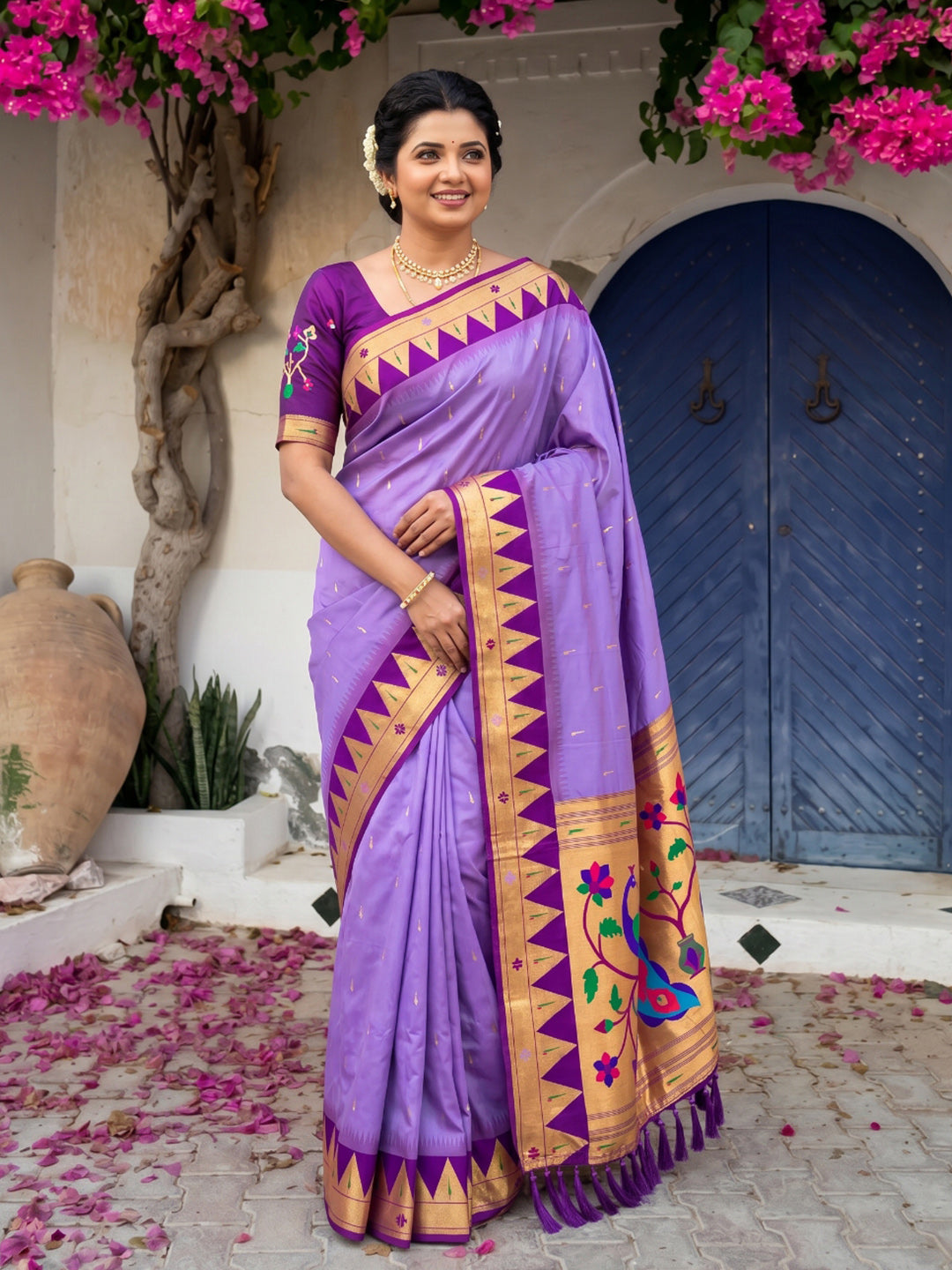 Lavender Vidya Balan Inspired Muniya Temple Paithani Silk Saree