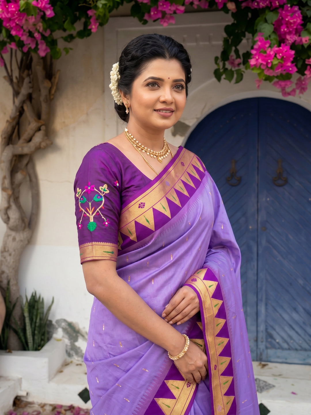 Lavender Vidya Balan Inspired Muniya Temple Paithani Silk Saree