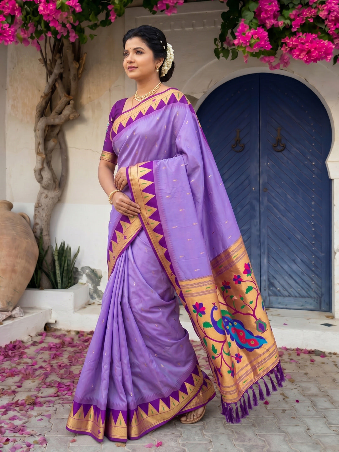 Lavender Vidya Balan Inspired Muniya Temple Paithani Silk Saree
