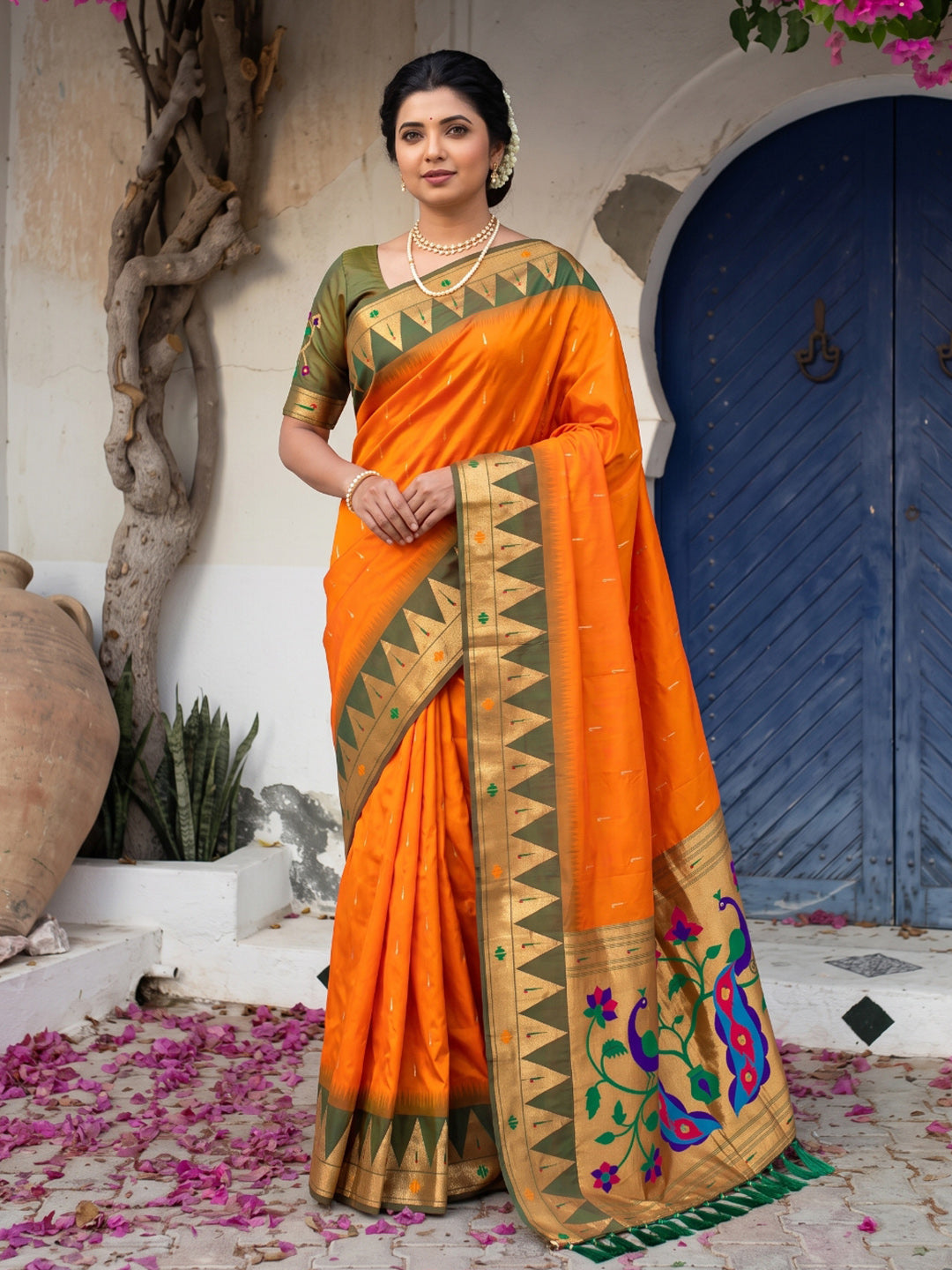 Orange Vidya Balan Inspired Muniya Temple Paithani Silk Saree
