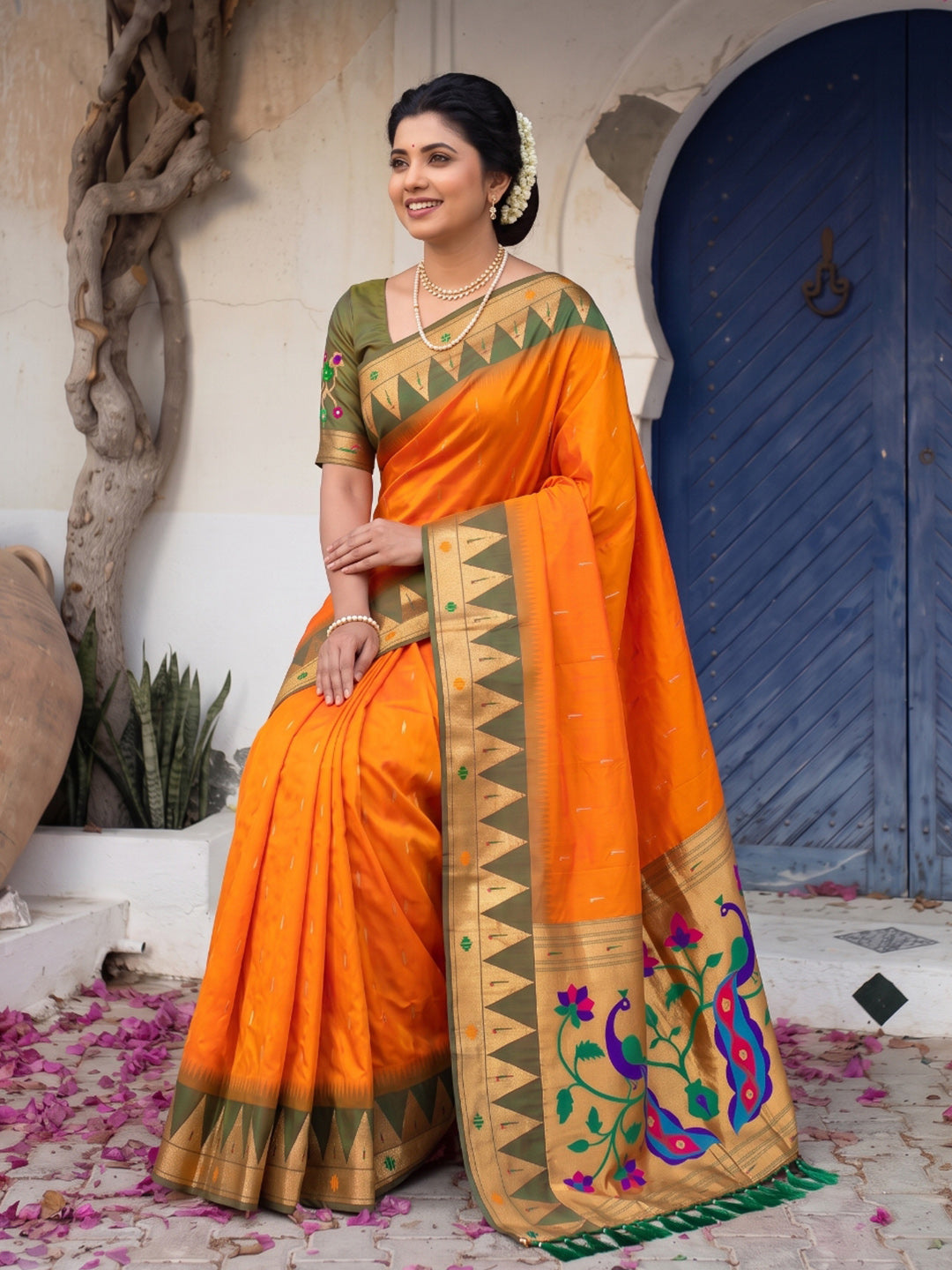 Orange Vidya Balan Inspired Muniya Temple Paithani Silk Saree