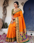 Orange Vidya Balan Inspired Muniya Temple Paithani Silk Saree