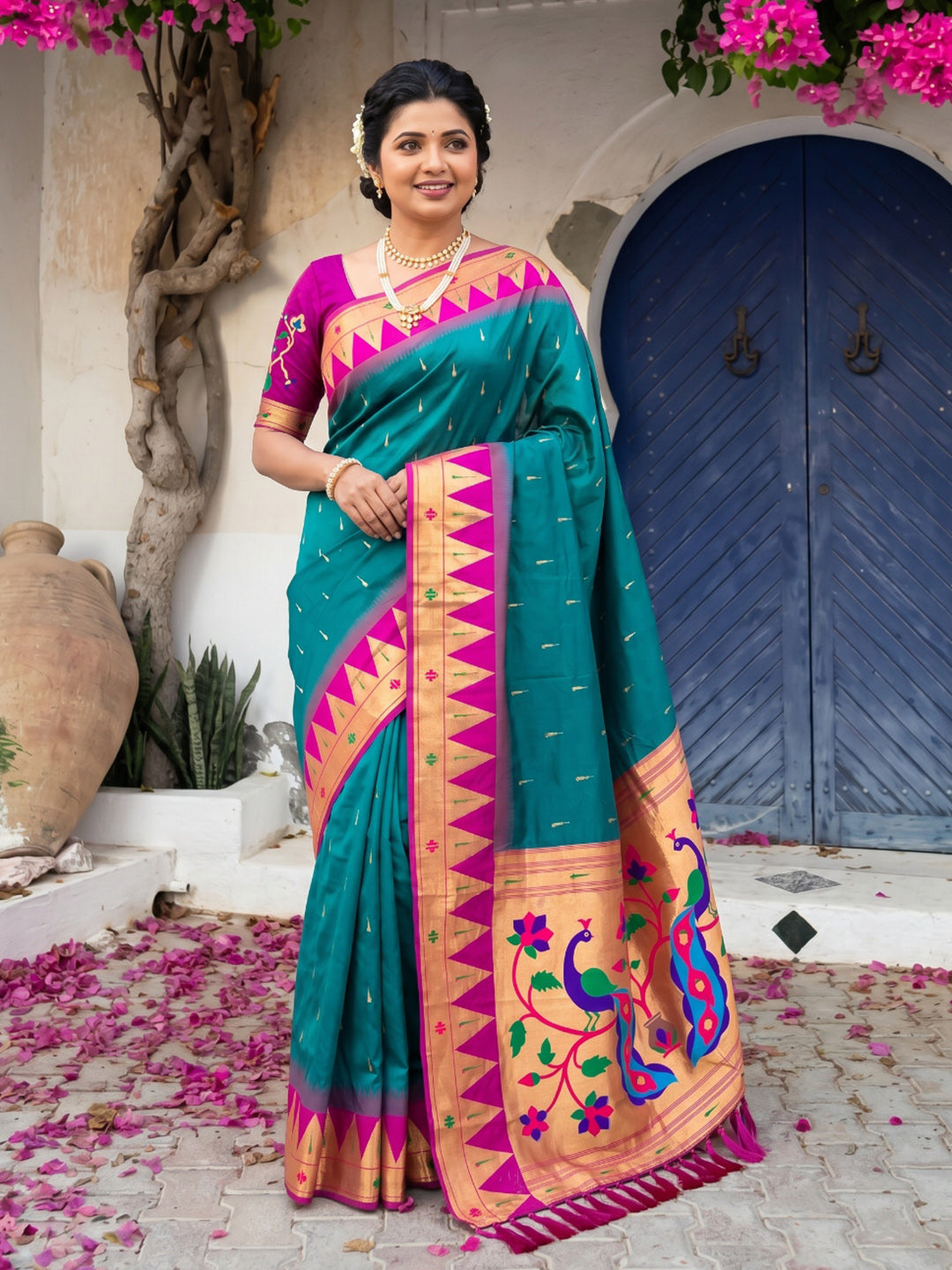 Peacock Blue Vidya Balan Inspired Muniya Temple Paithani Silk Saree