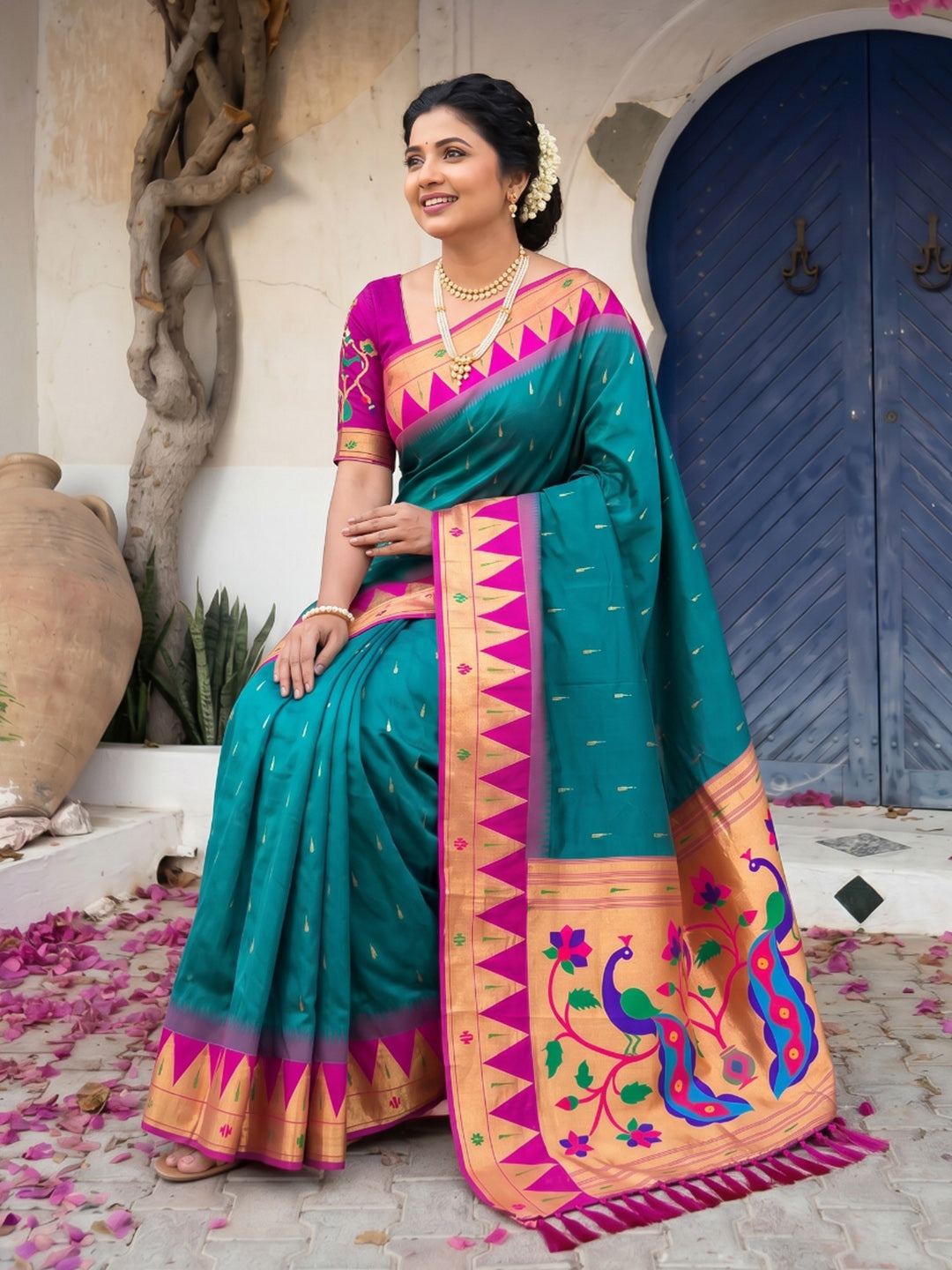 Peacock Blue Vidya Balan Inspired Muniya Temple Paithani Silk Saree