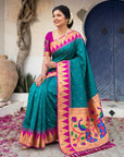 Peacock Blue Vidya Balan Inspired Muniya Temple Paithani Silk Saree