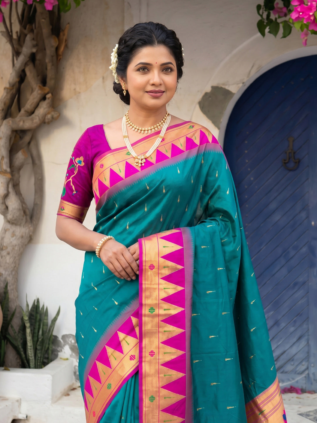 Peacock Blue Vidya Balan Inspired Muniya Temple Paithani Silk Saree