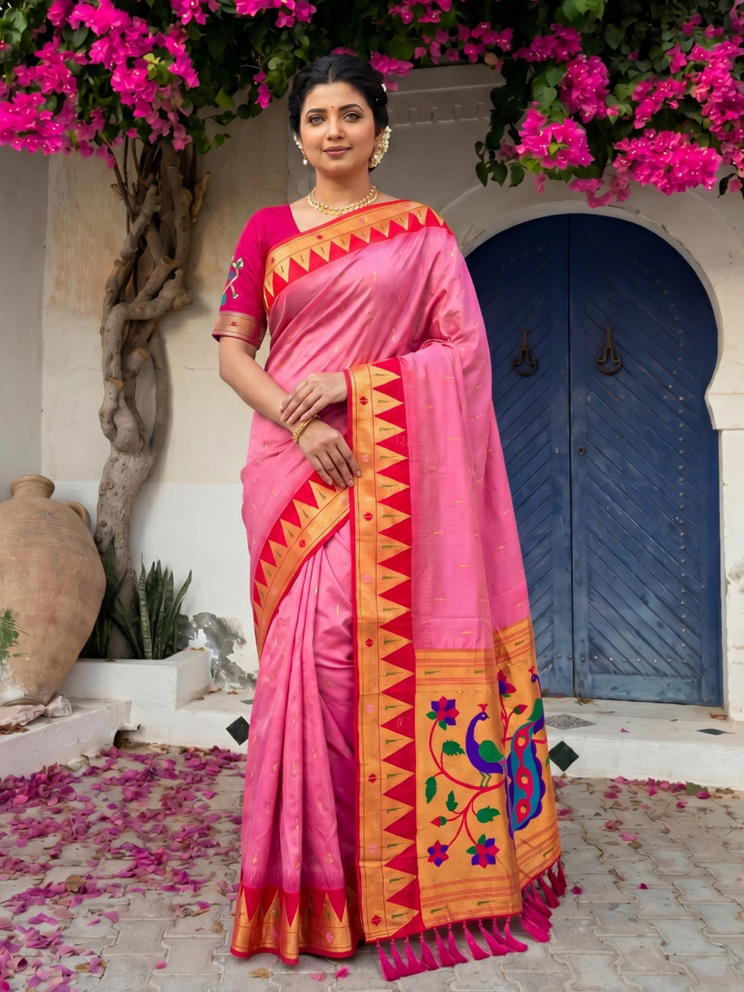 Pink Vidya Balan Inspired Muniya Temple Paithani Silk Saree