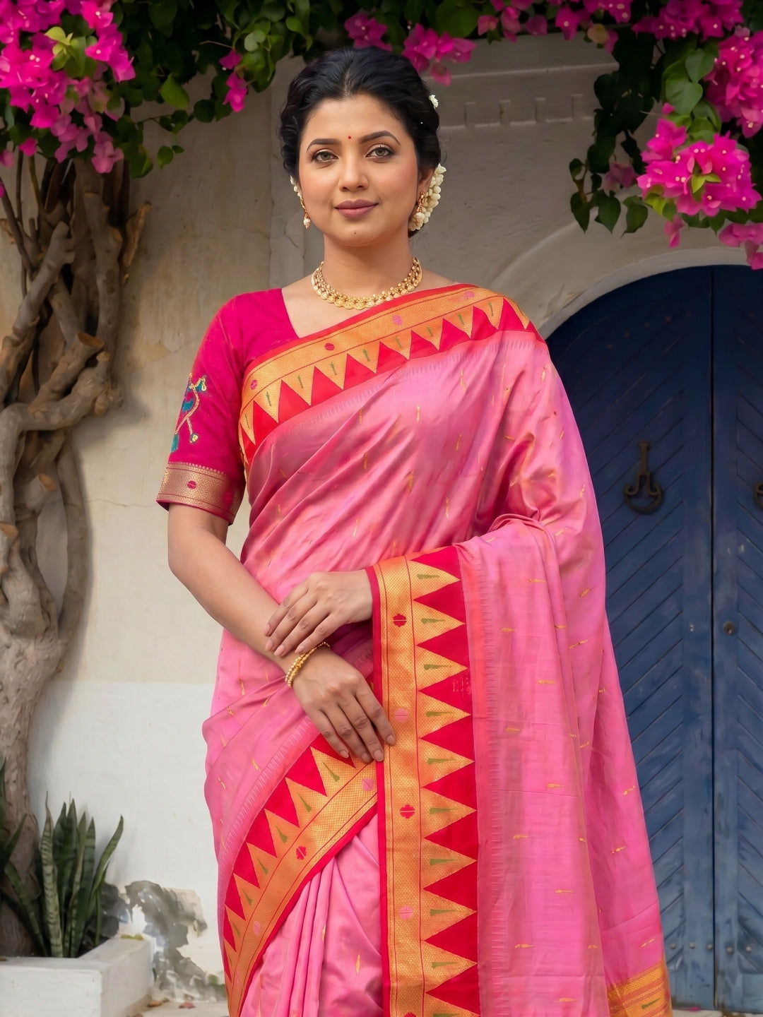 Pink Vidya Balan Inspired Muniya Temple Paithani Silk Saree