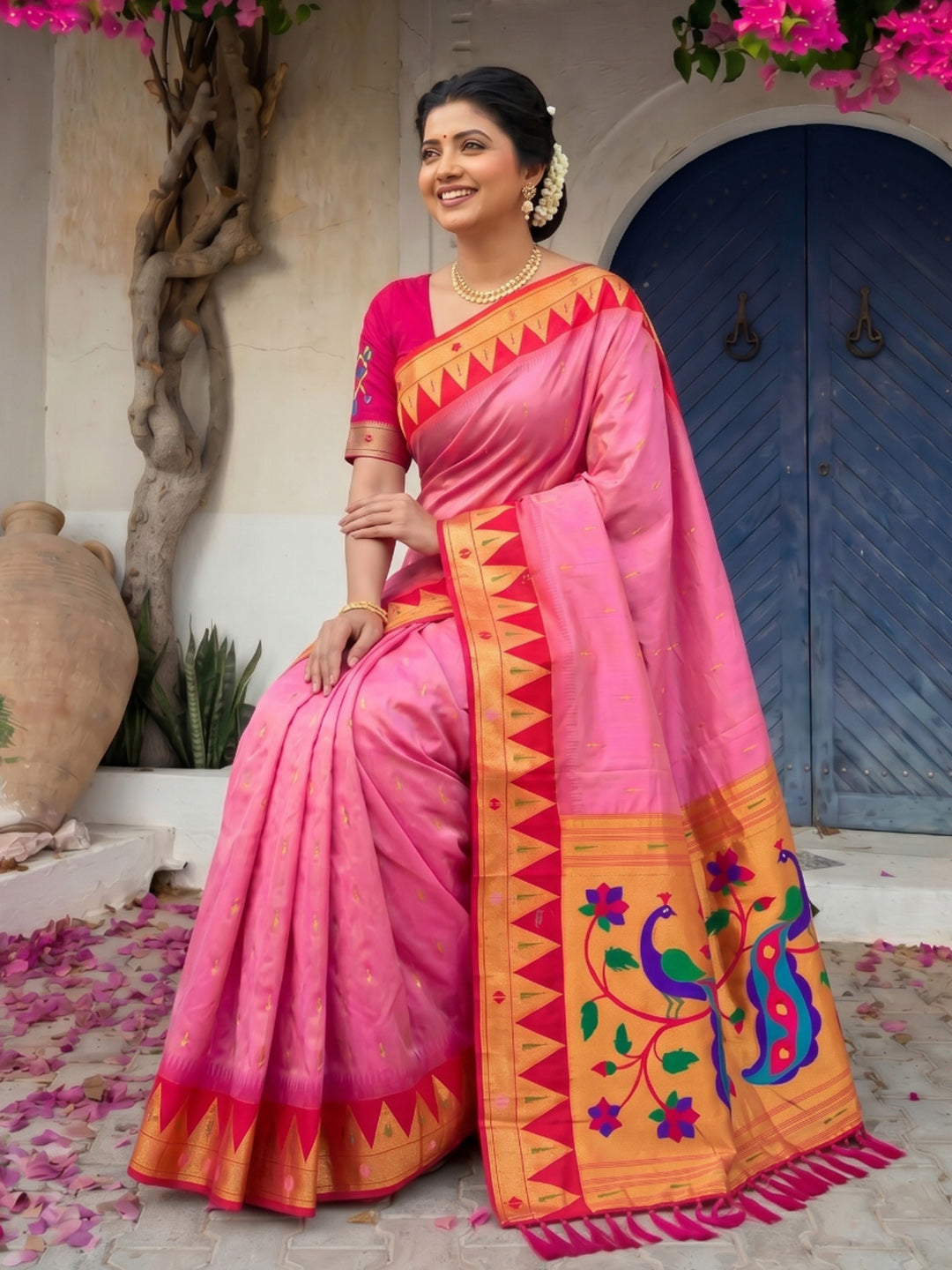 Pink Vidya Balan Inspired Muniya Temple Paithani Silk Saree