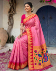 Pink Vidya Balan Inspired Muniya Temple Paithani Silk Saree