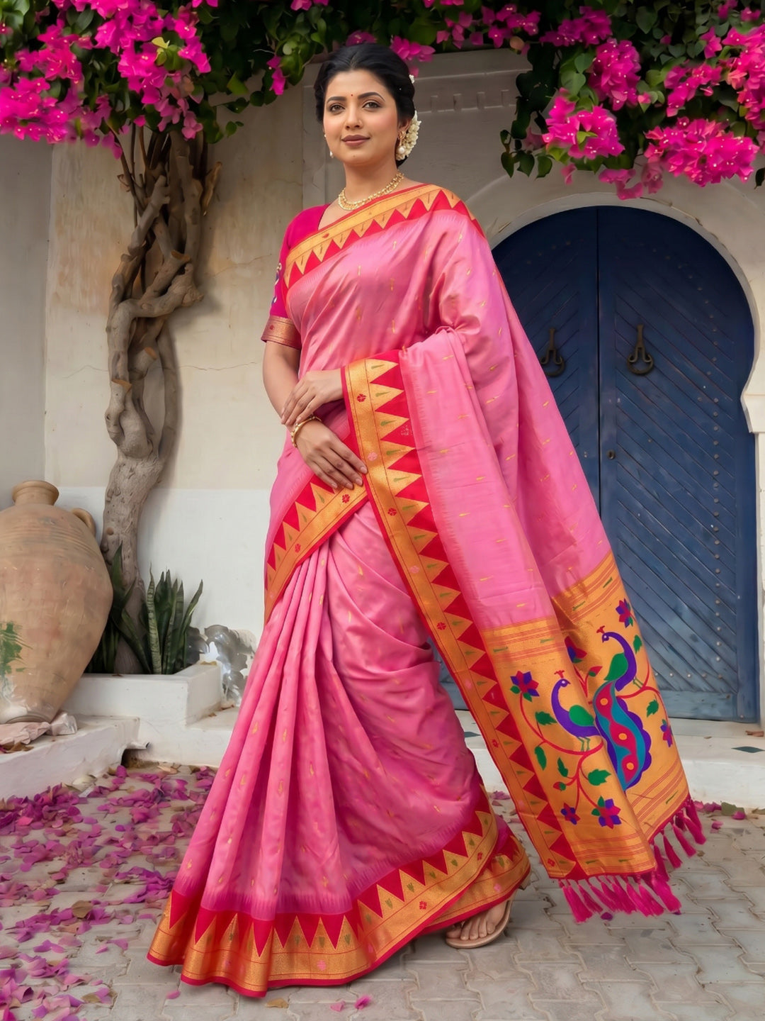 Pink Vidya Balan Inspired Muniya Temple Paithani Silk Saree