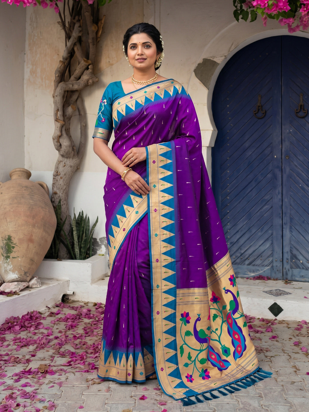 Purple Vidya Balan Inspired Muniya Temple Paithani Silk Saree