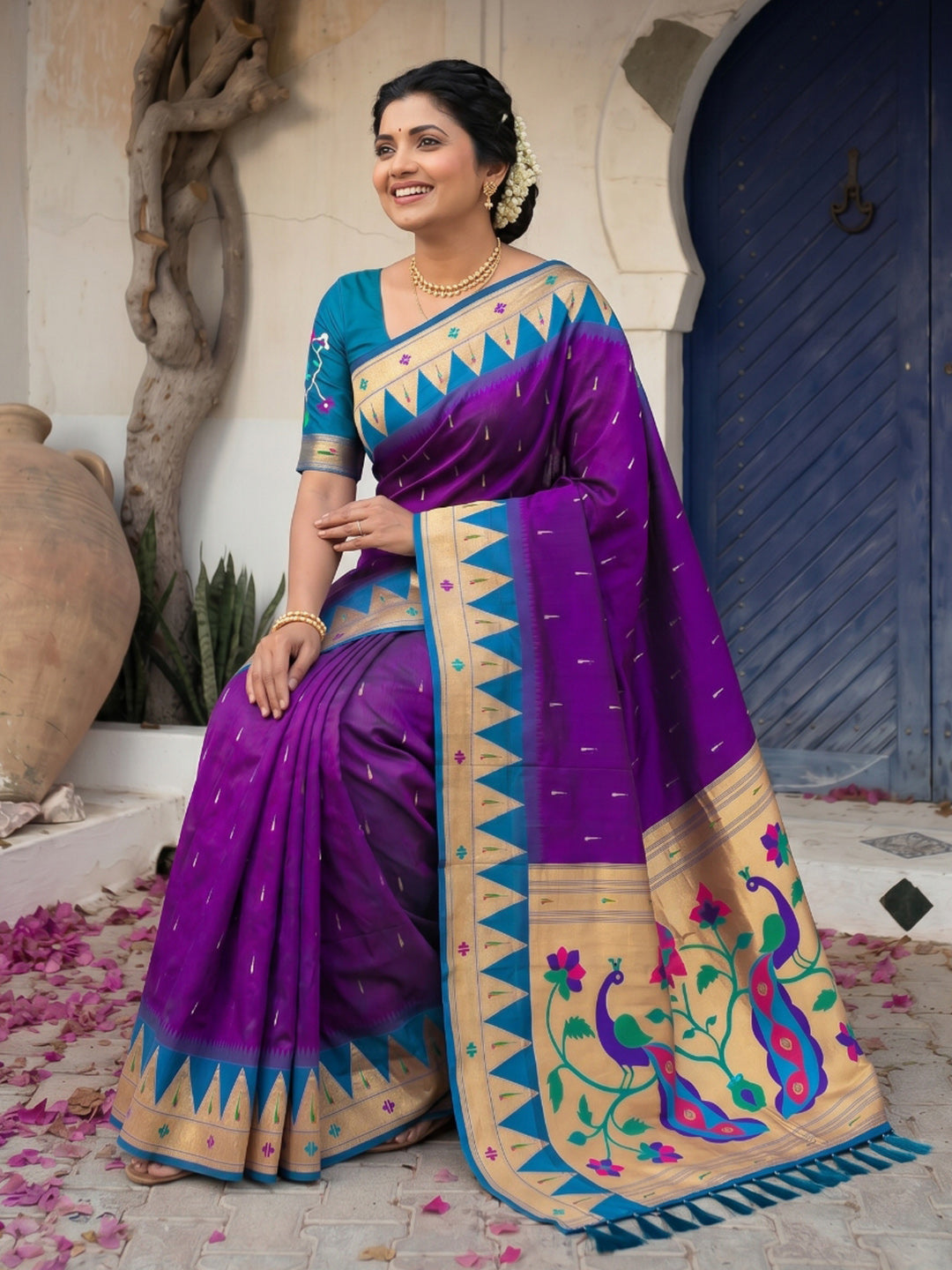 Purple Vidya Balan Inspired Muniya Temple Paithani Silk Saree