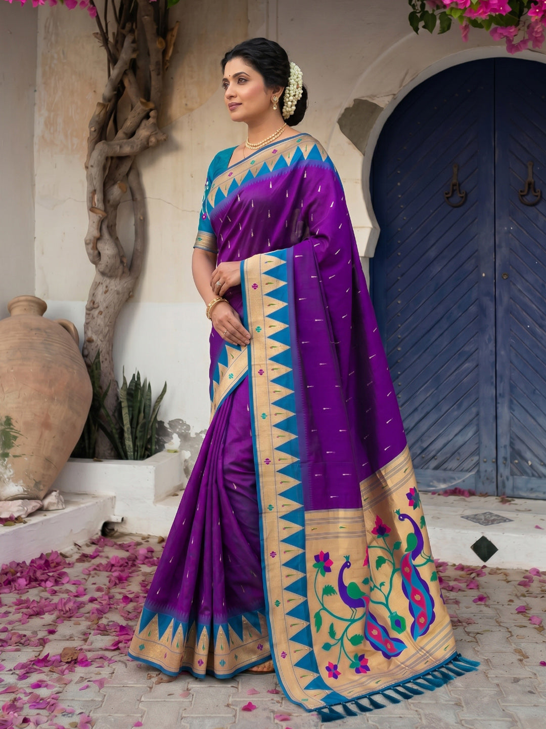 Purple Vidya Balan Inspired Muniya Temple Paithani Silk Saree