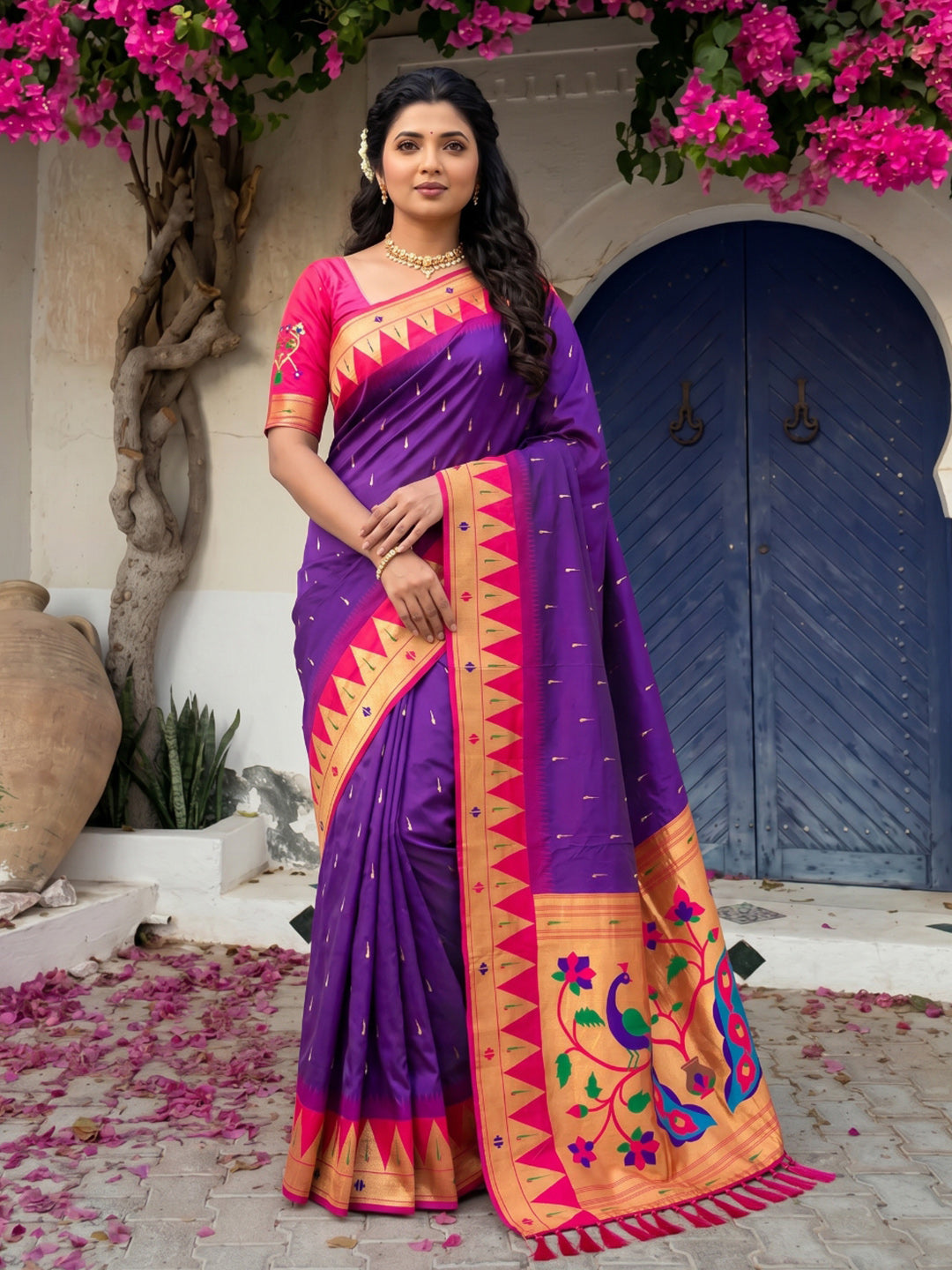 Purple (Red Tone) Vidya Balan Inspired Muniya Temple Paithani Silk Saree