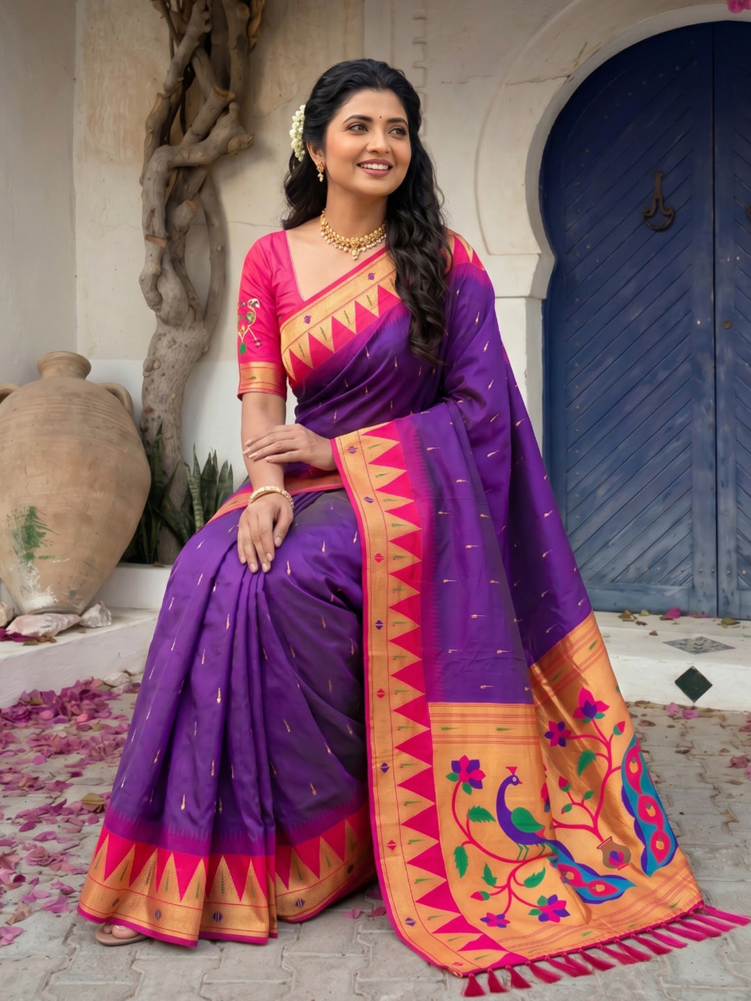 Purple (Red Tone) Vidya Balan Inspired Muniya Temple Paithani Silk Saree