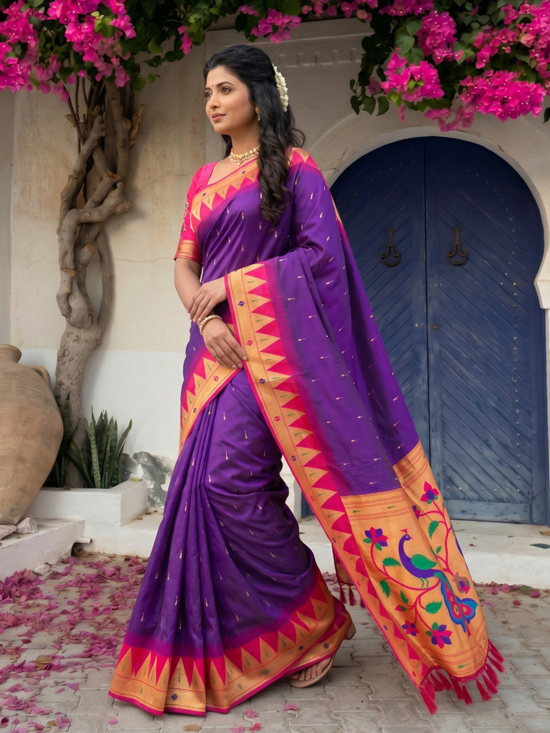Purple (Red Tone) Vidya Balan Inspired Muniya Temple Paithani Silk Saree