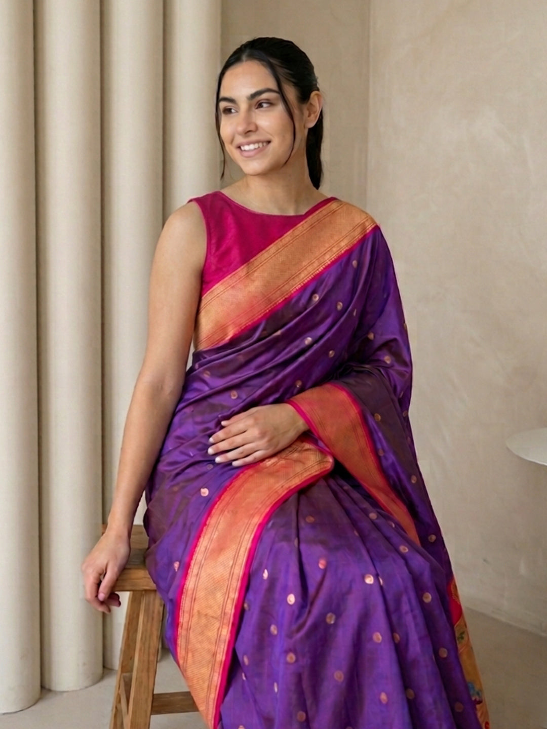 Violet Soft Paithani Silk Zari Woven Saree with Peacock Pallu
