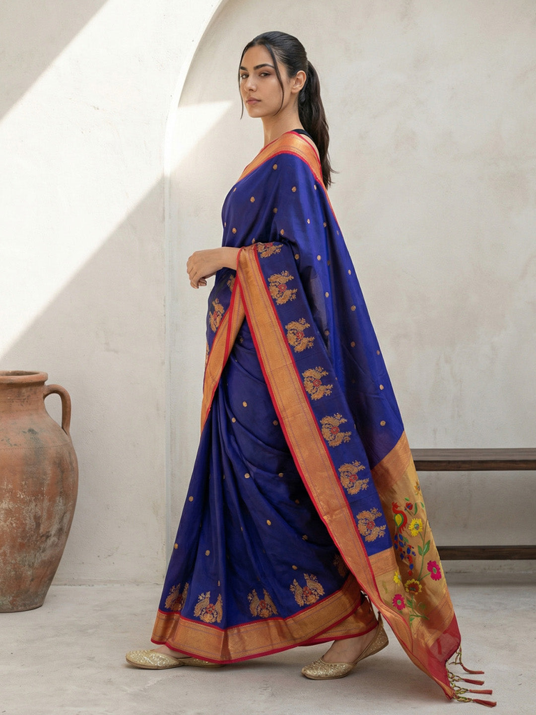 Violet Soft Traditional Paithani Silk Zari Woven Peacock Pattern Saree
