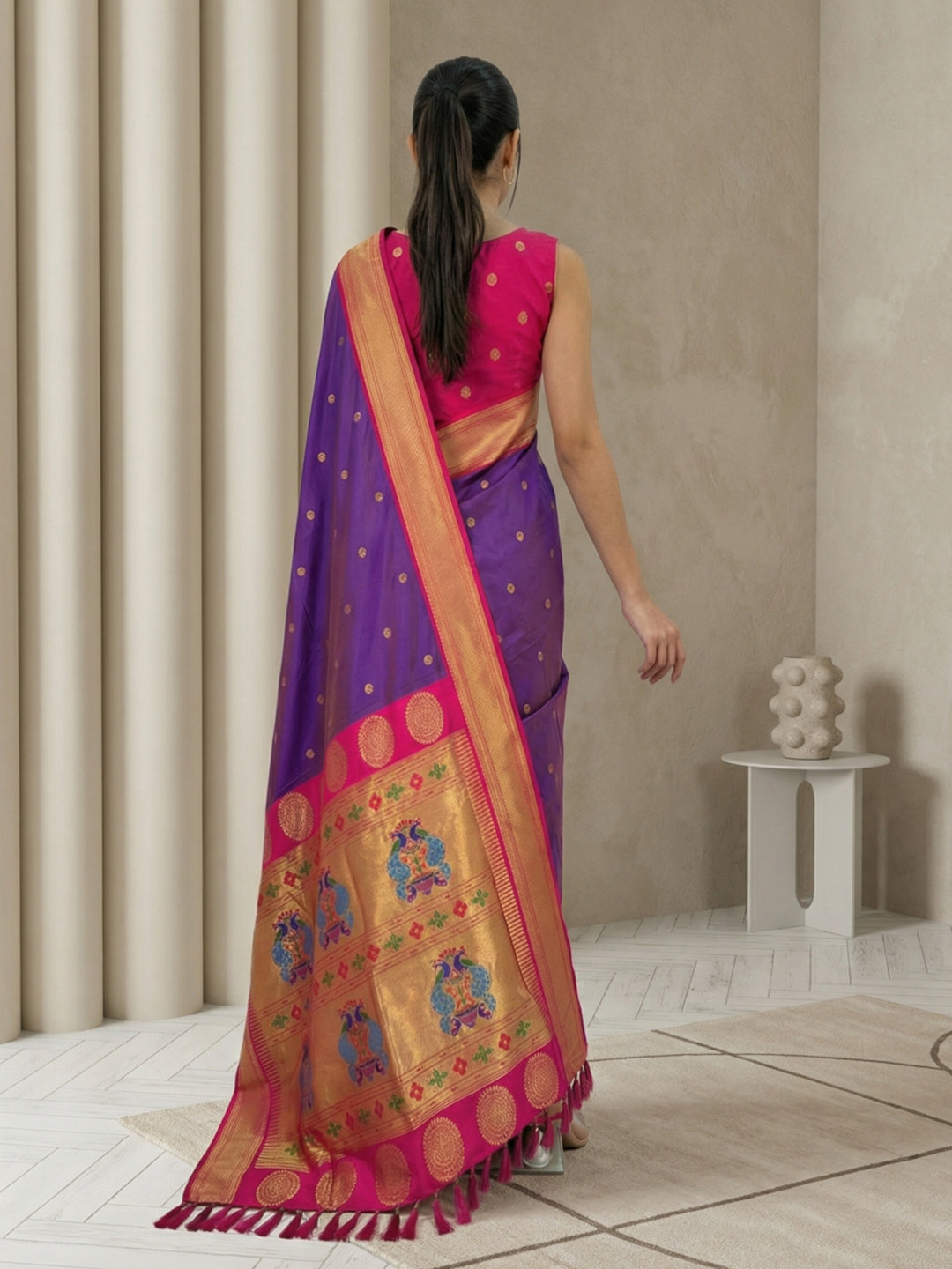 Violet Soft Paithani Silk Zari Woven Saree with Peacock Pallu