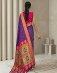 Violet Soft Paithani Silk Zari Woven Saree with Peacock Pallu