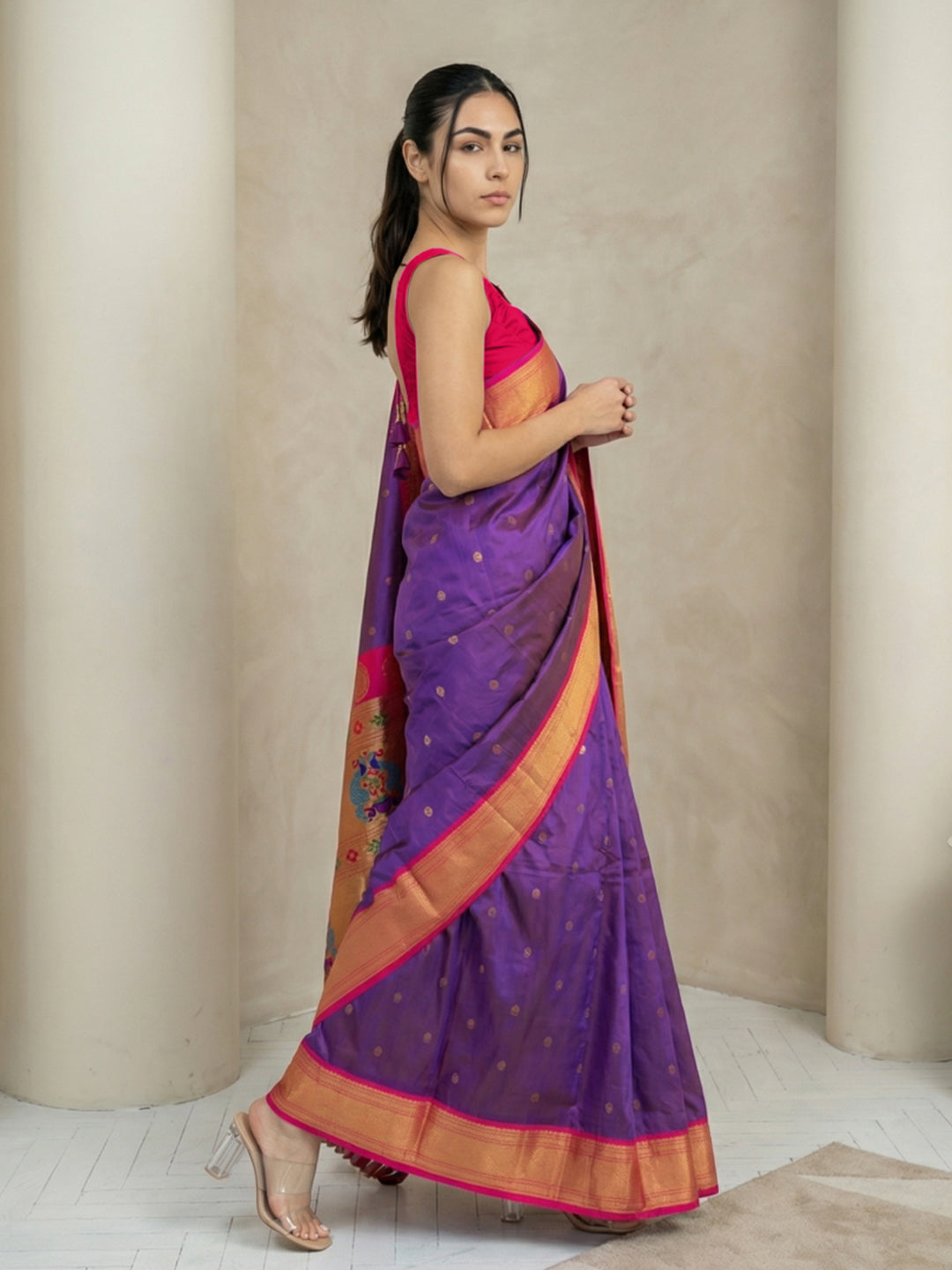 Violet Soft Paithani Silk Zari Woven Saree with Peacock Pallu
