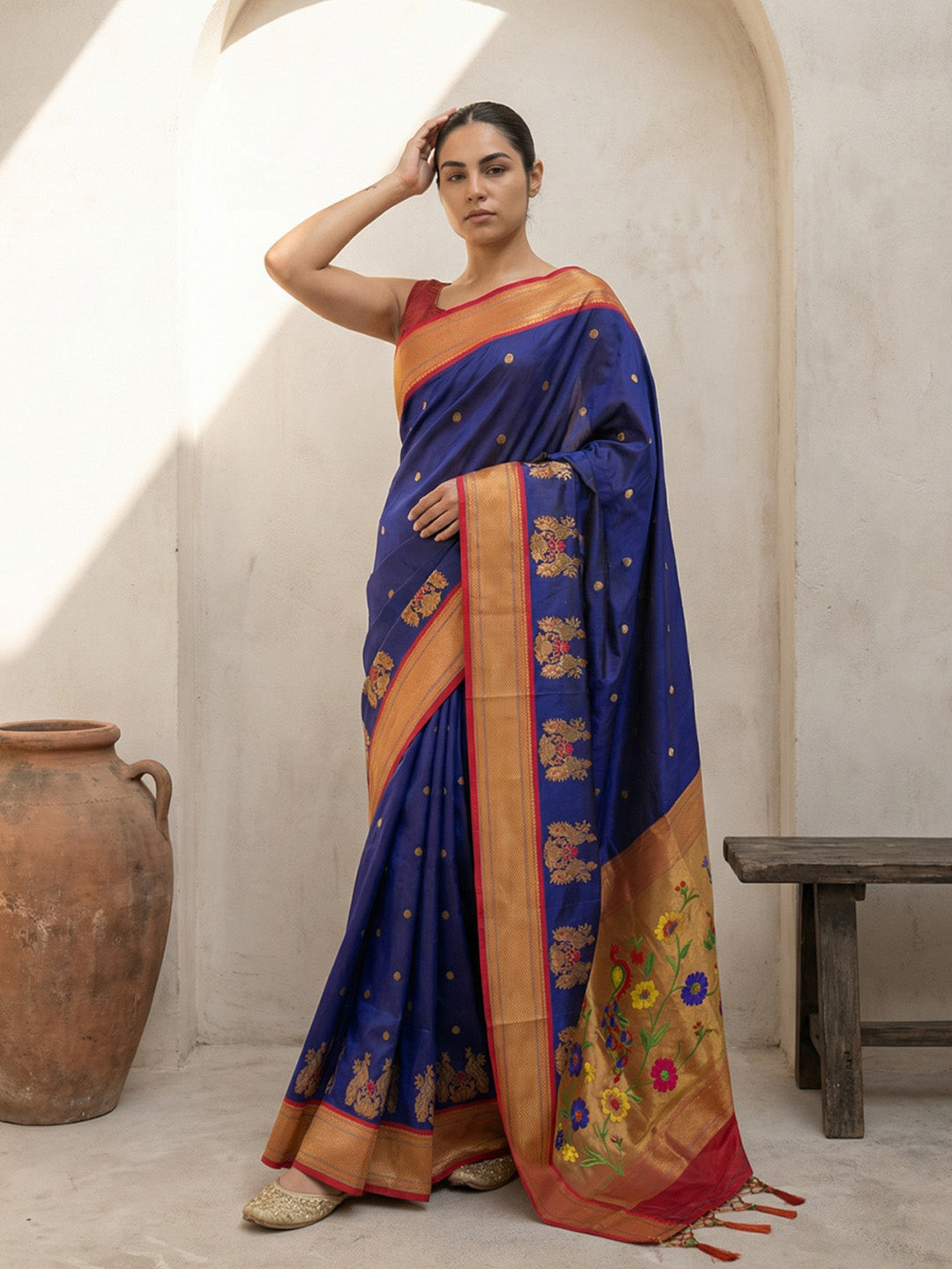 Violet Soft Traditional Paithani Silk Zari Woven Peacock Pattern Saree