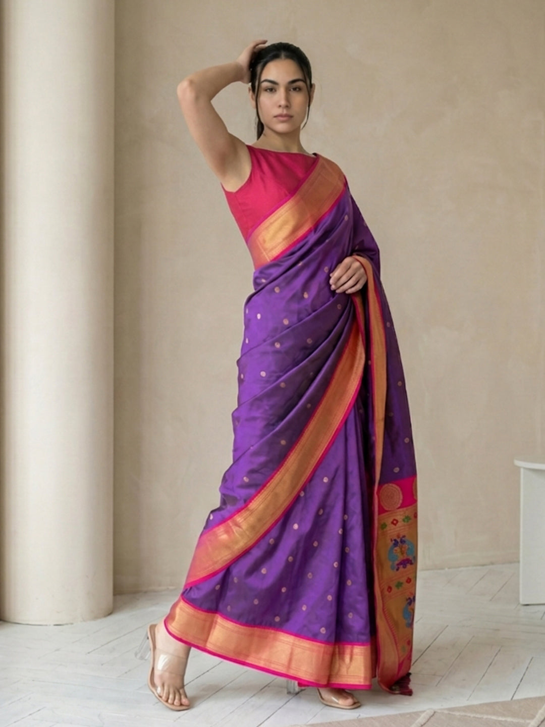 Violet Soft Paithani Silk Zari Woven Saree with Peacock Pallu