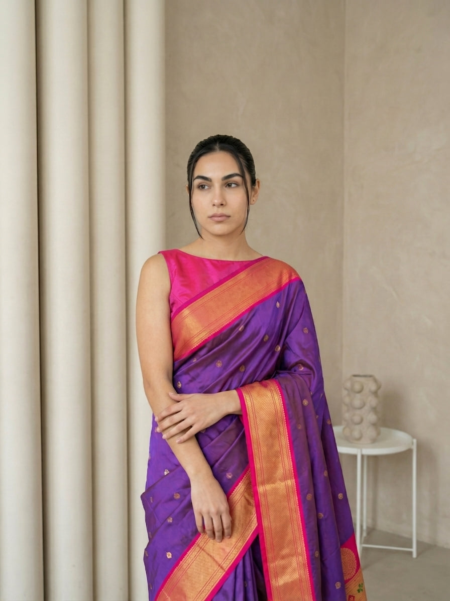 Violet Soft Paithani Silk Zari Woven Saree with Peacock Pallu
