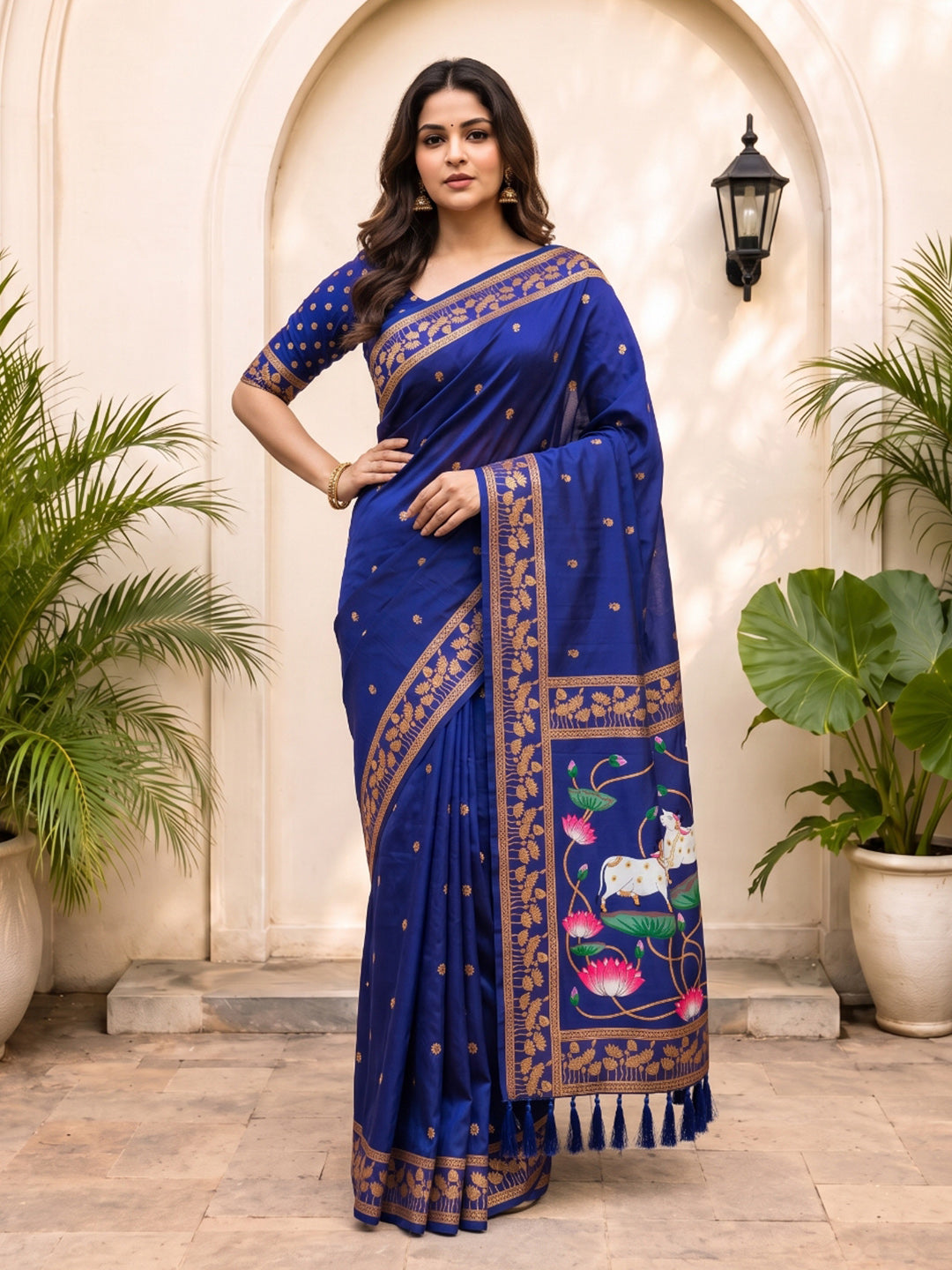 Violet Soft Zari Woven Saree with Lotus Pichwai Concept Pallu