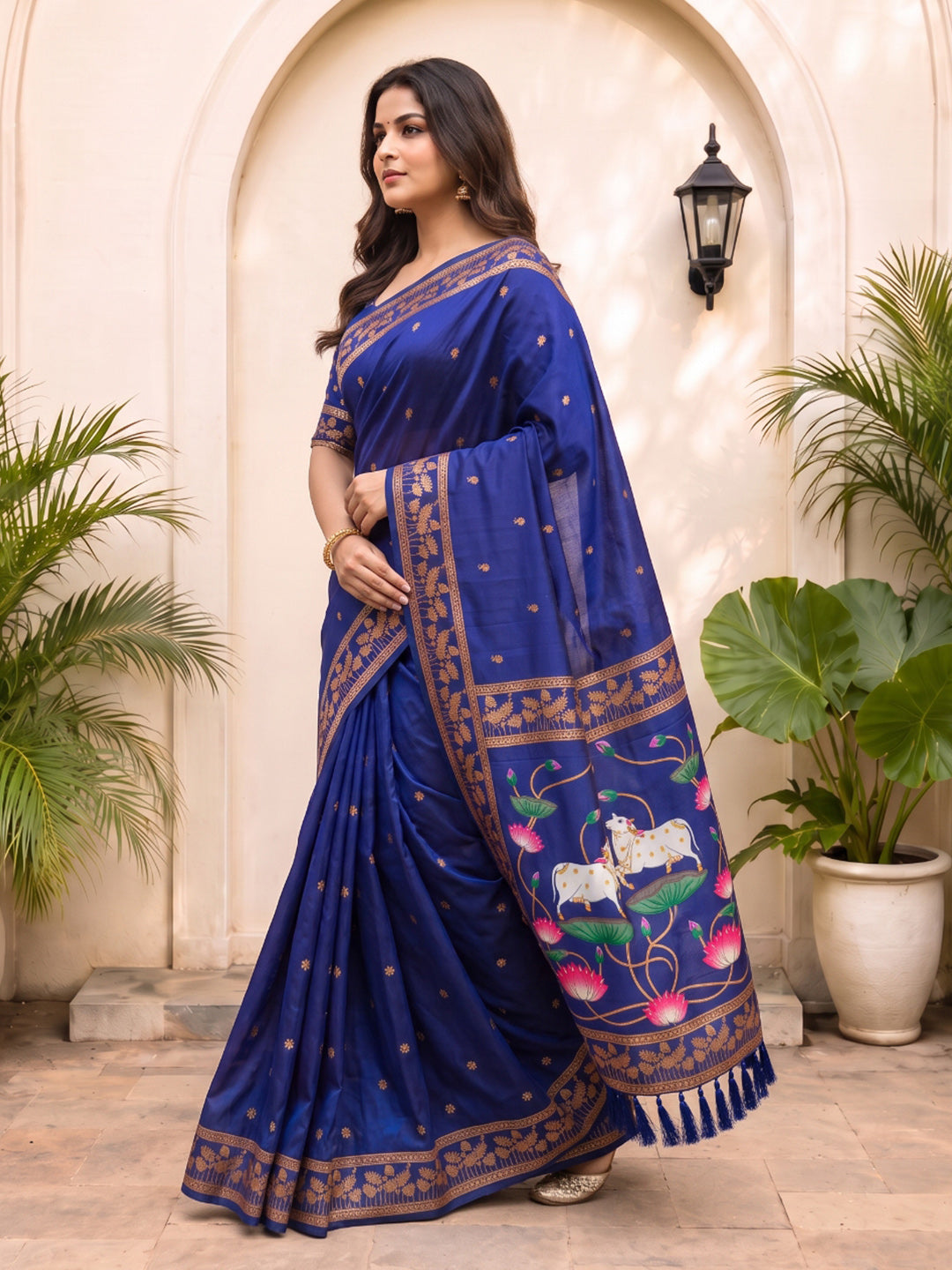 Violet Soft Zari Woven Saree with Lotus Pichwai Concept Pallu
