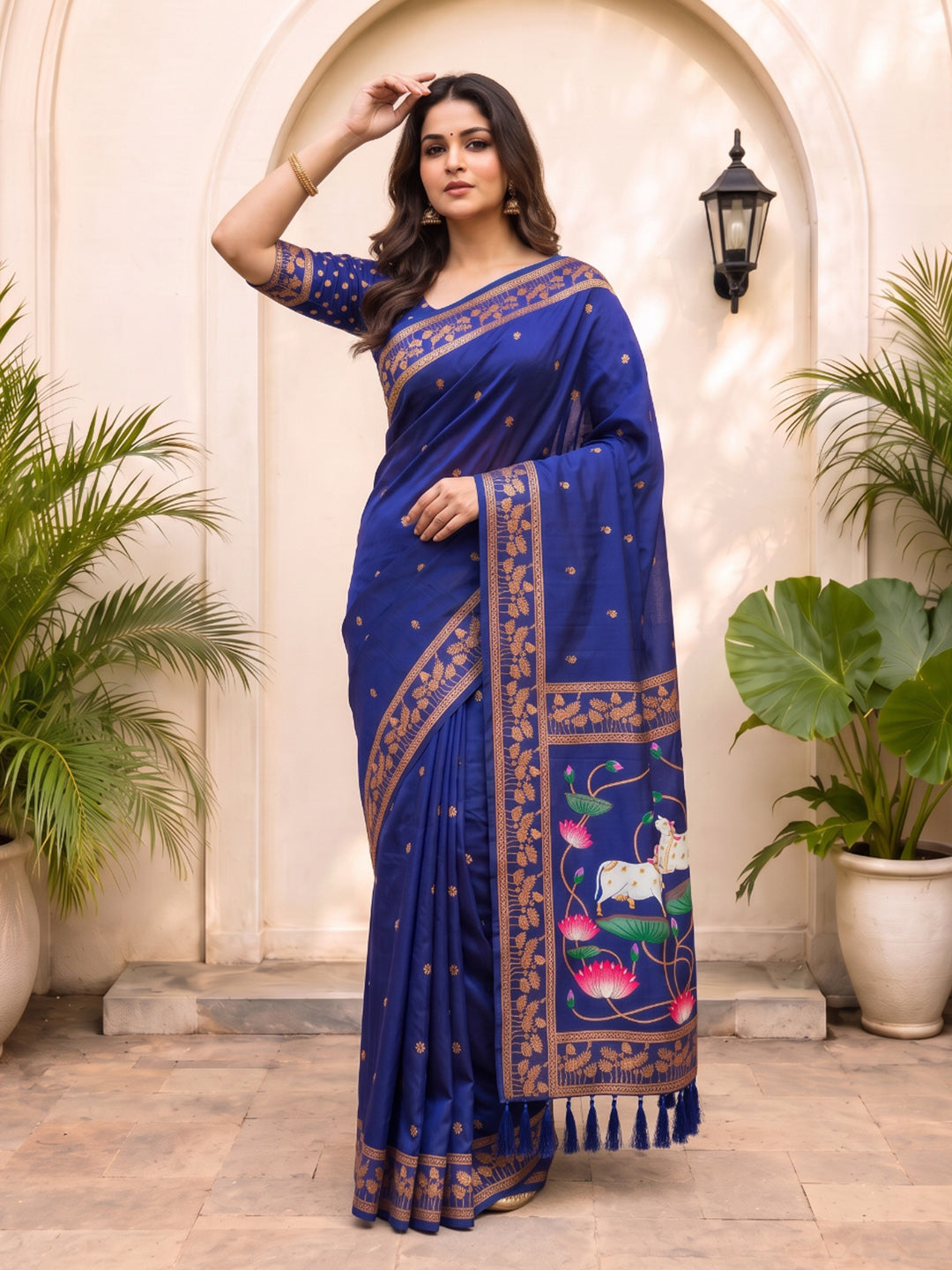 Violet Soft Zari Woven Saree with Lotus Pichwai Concept Pallu