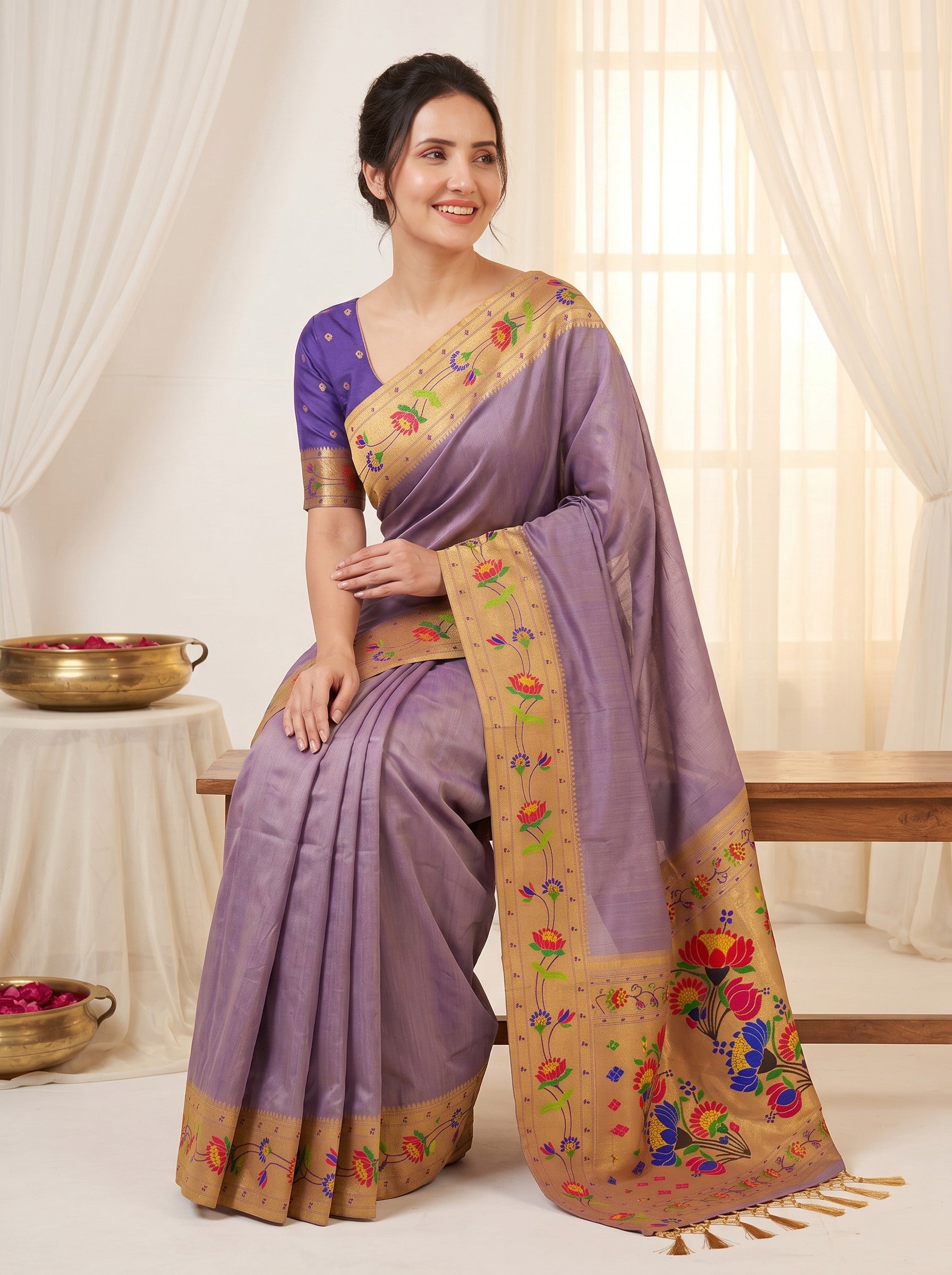 Violet Premium Soft Brocade Tissue Paithani Silk Saree