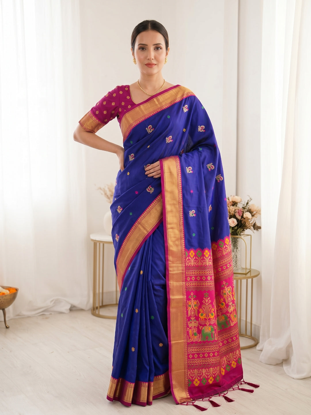 Violet Traditional Soft Silk Saree with Floral &amp; Peacock Pattern Saree