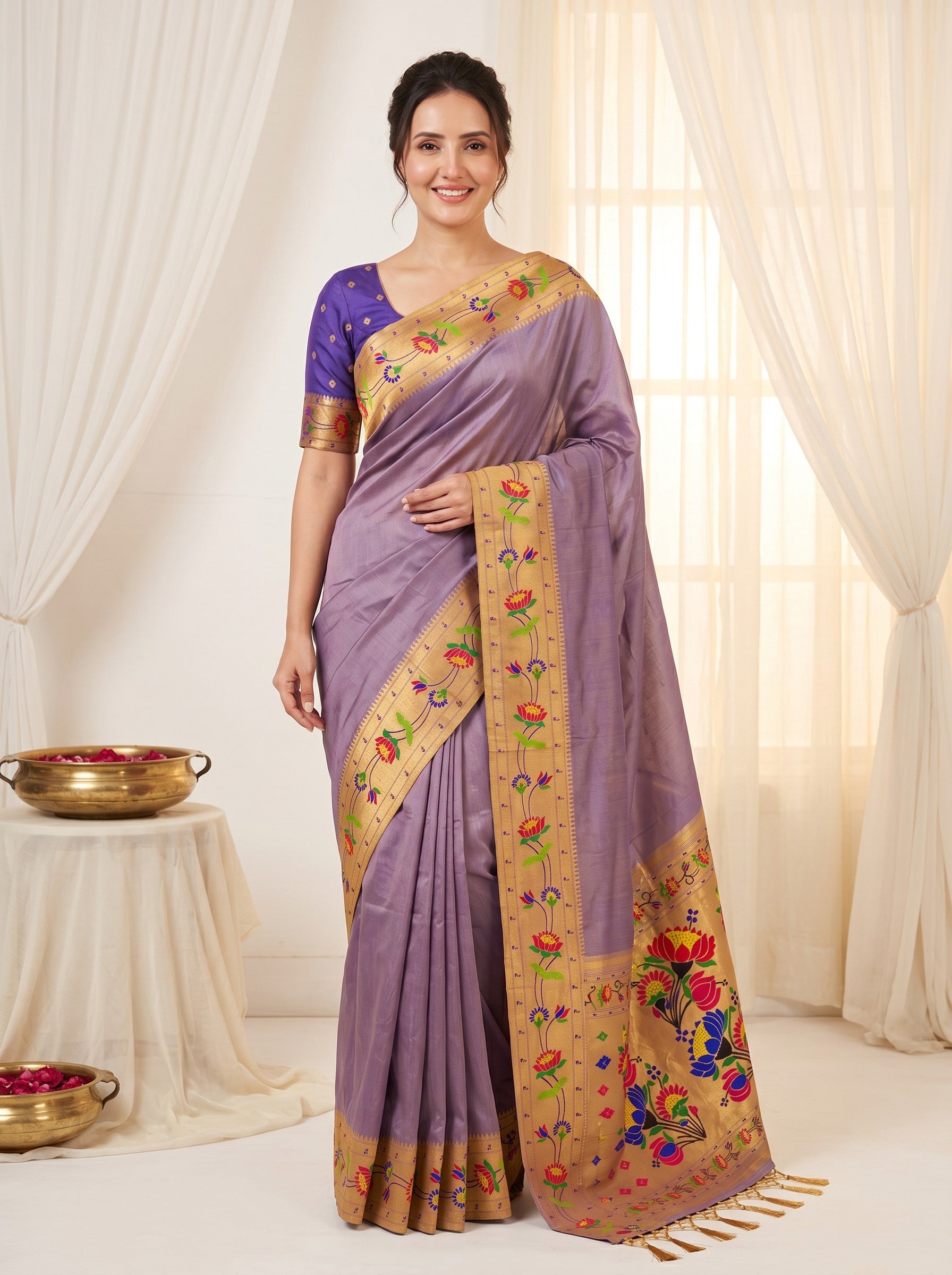 Violet Premium Soft Brocade Tissue Paithani Silk Saree