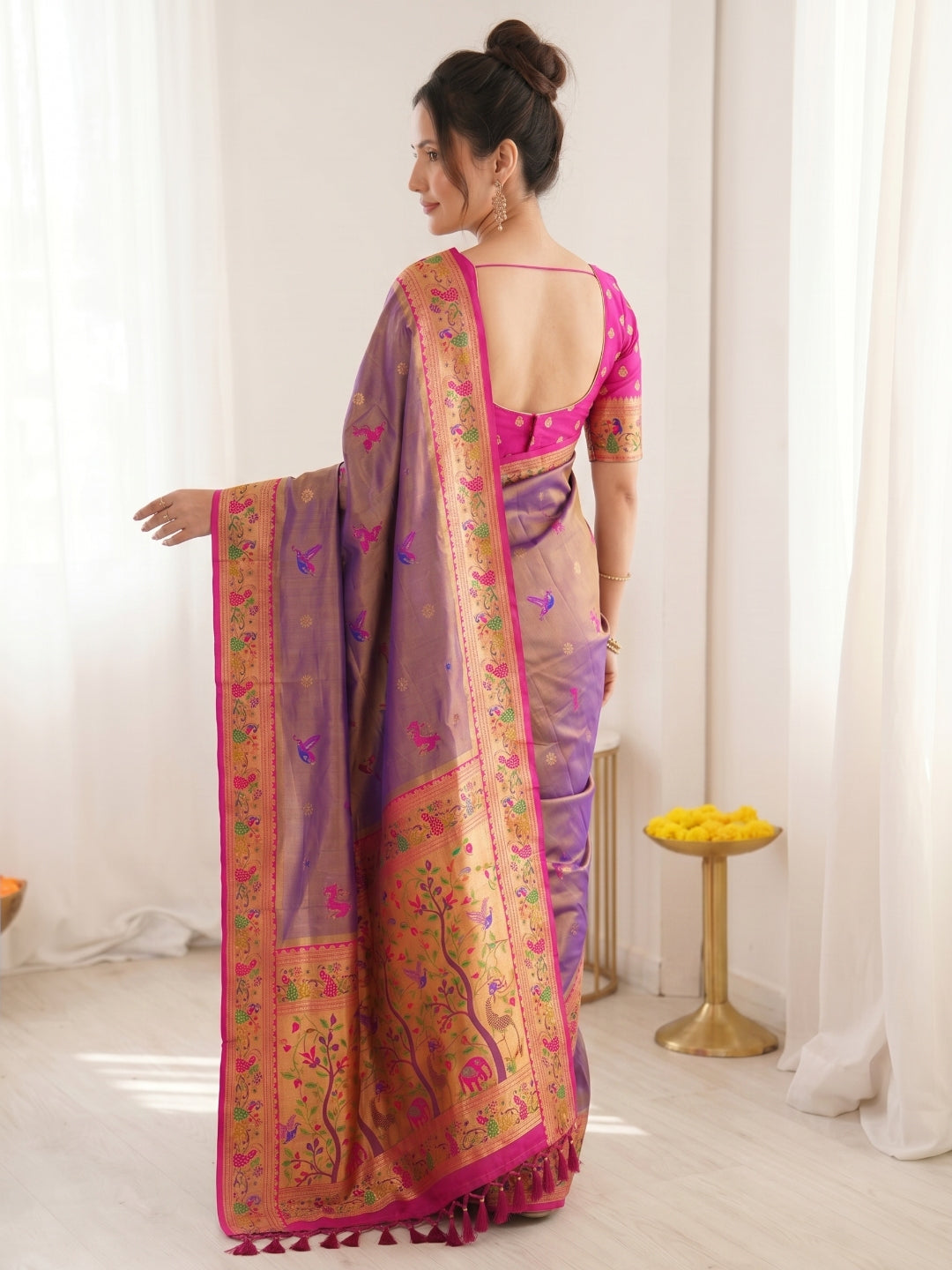 Violet Premium Soft Bamboo Tissue Paithani Silk Saree