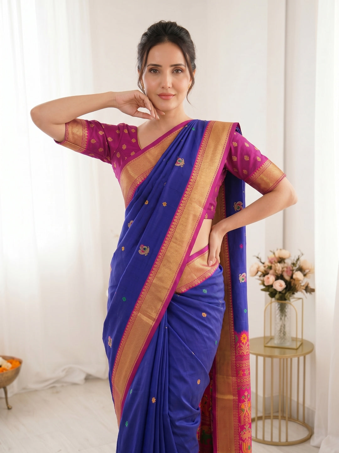 Violet Traditional Soft Silk Saree with Floral &amp; Peacock Pattern Saree