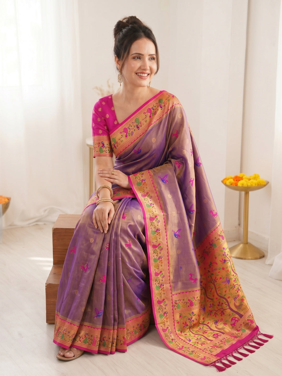 Violet Premium Soft Bamboo Tissue Paithani Silk Saree