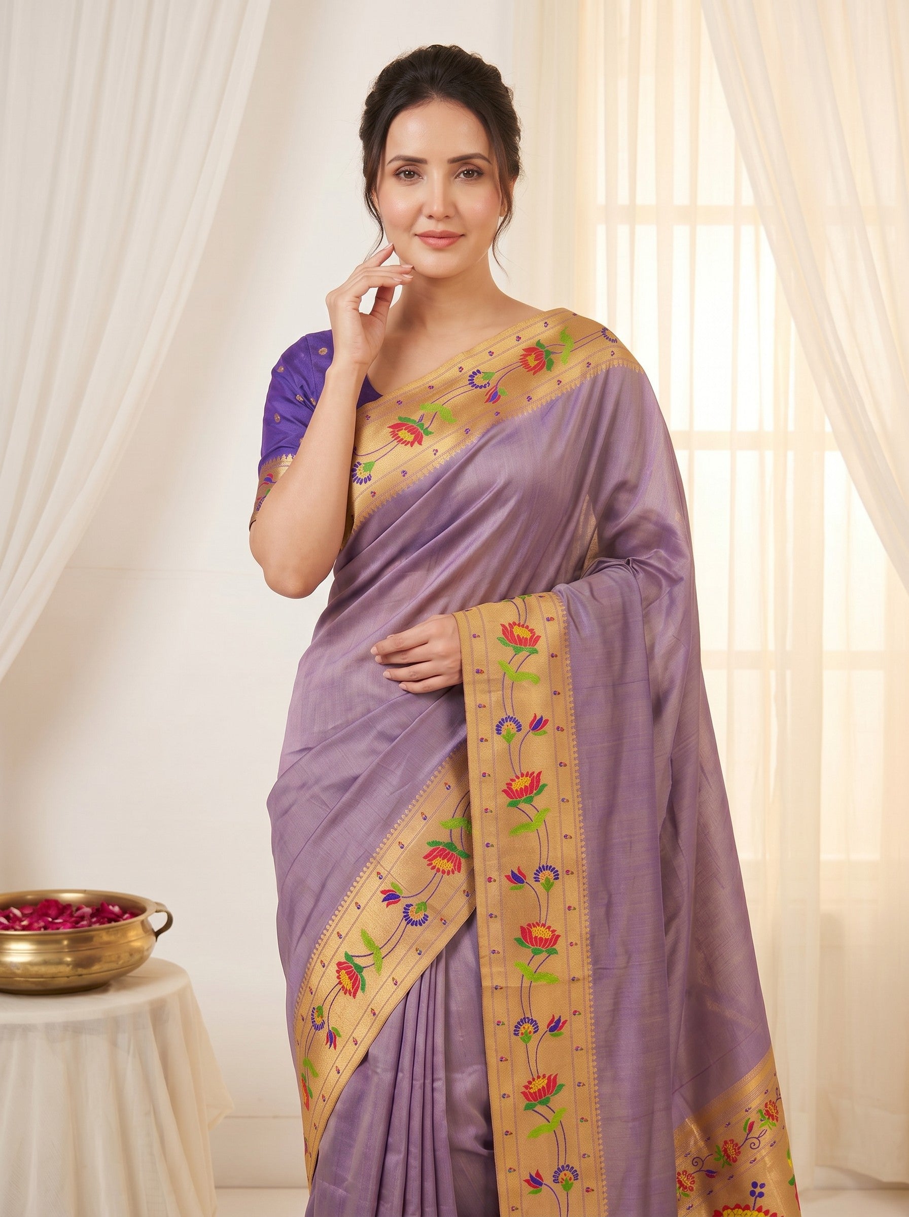 Violet Premium Soft Brocade Tissue Paithani Silk Saree