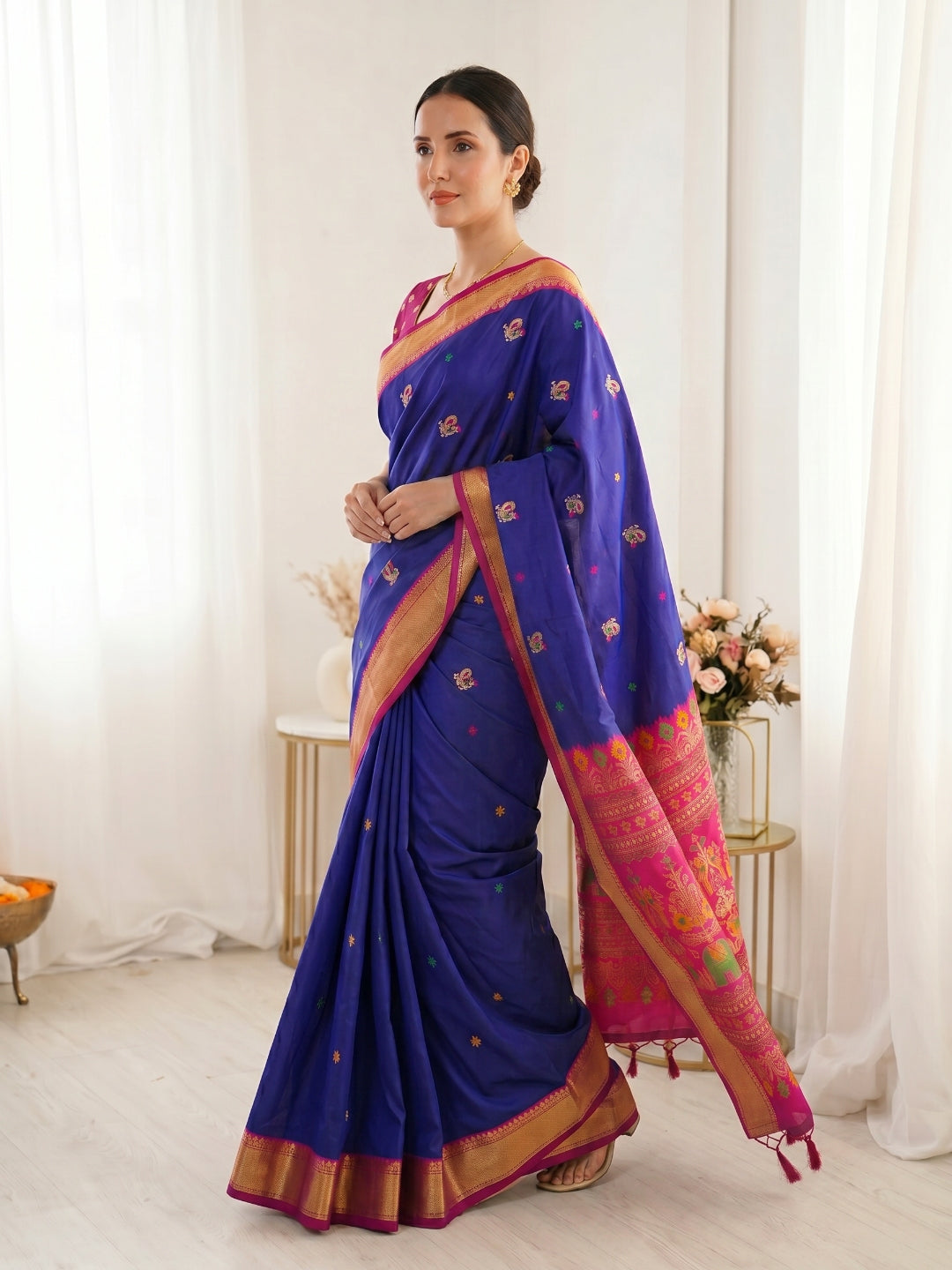 Violet Traditional Soft Silk Saree with Floral &amp; Peacock Pattern Saree