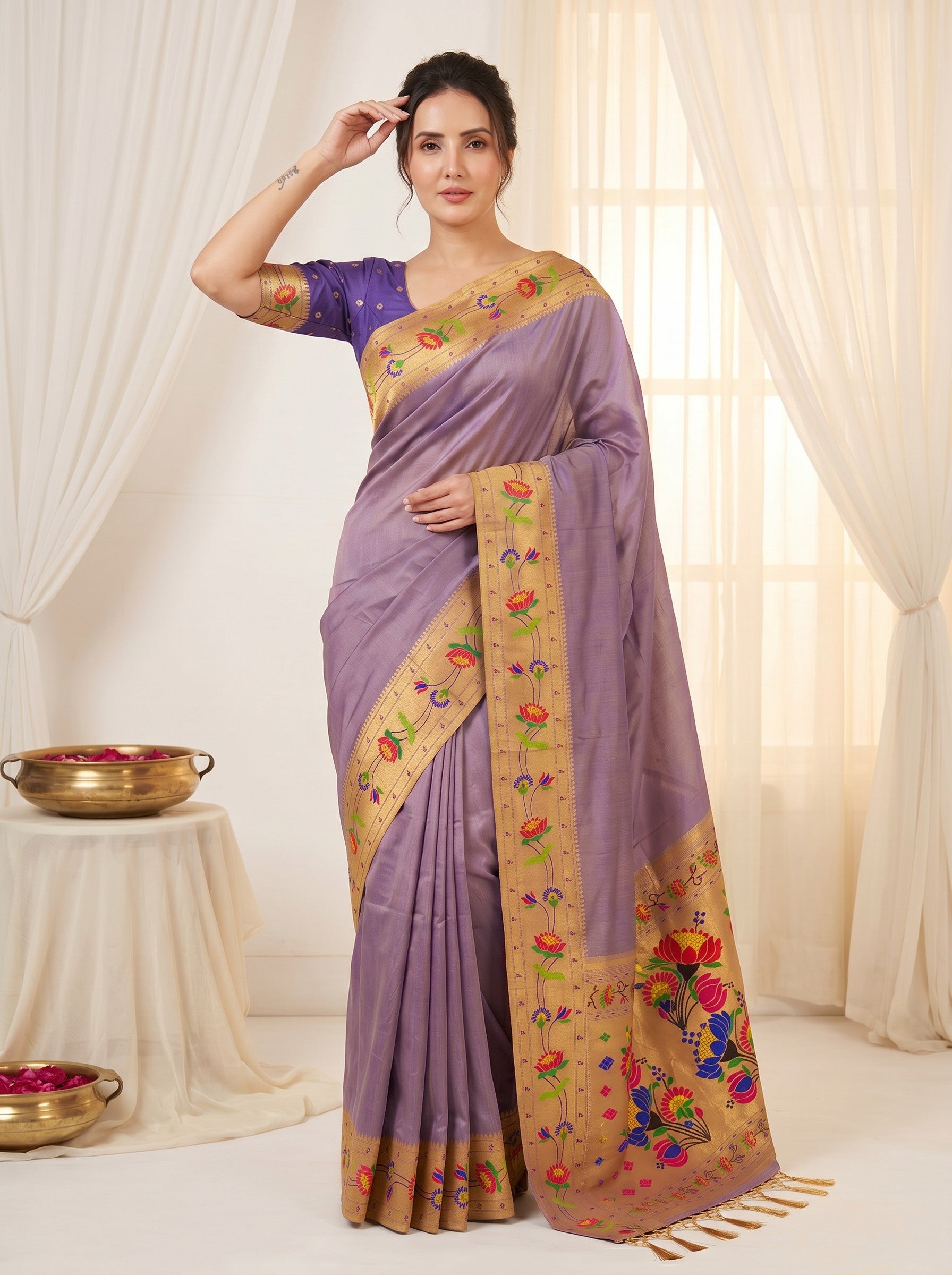 Violet Premium Soft Brocade Tissue Paithani Silk Saree