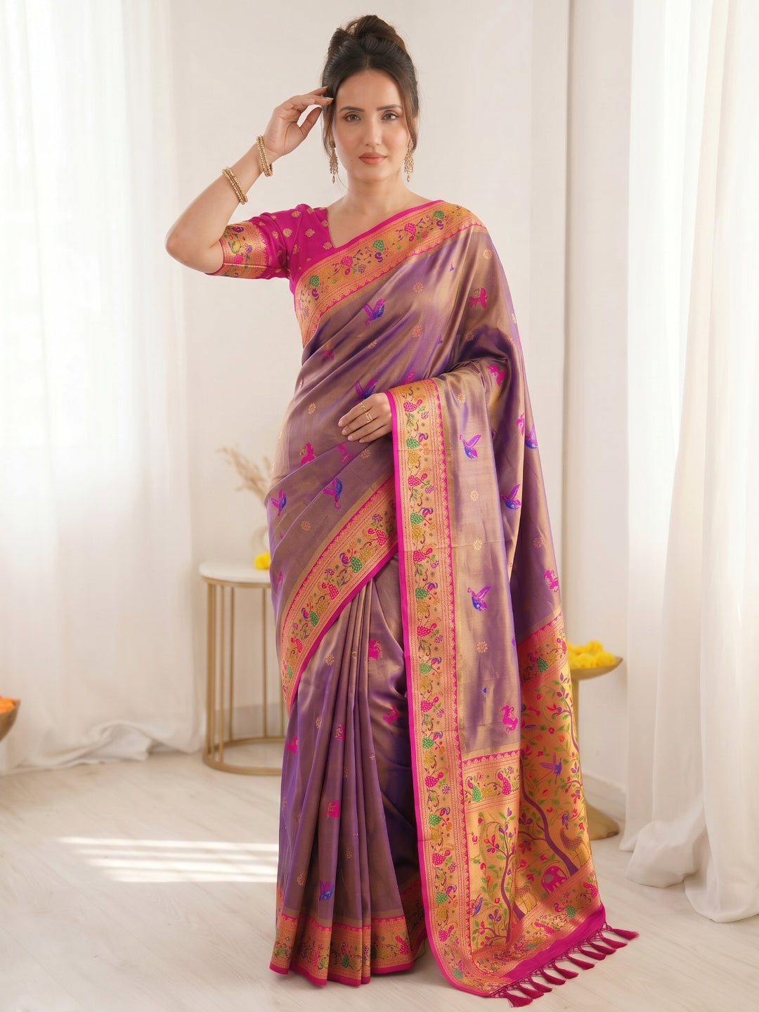Violet Premium Soft Bamboo Tissue Paithani Silk Saree