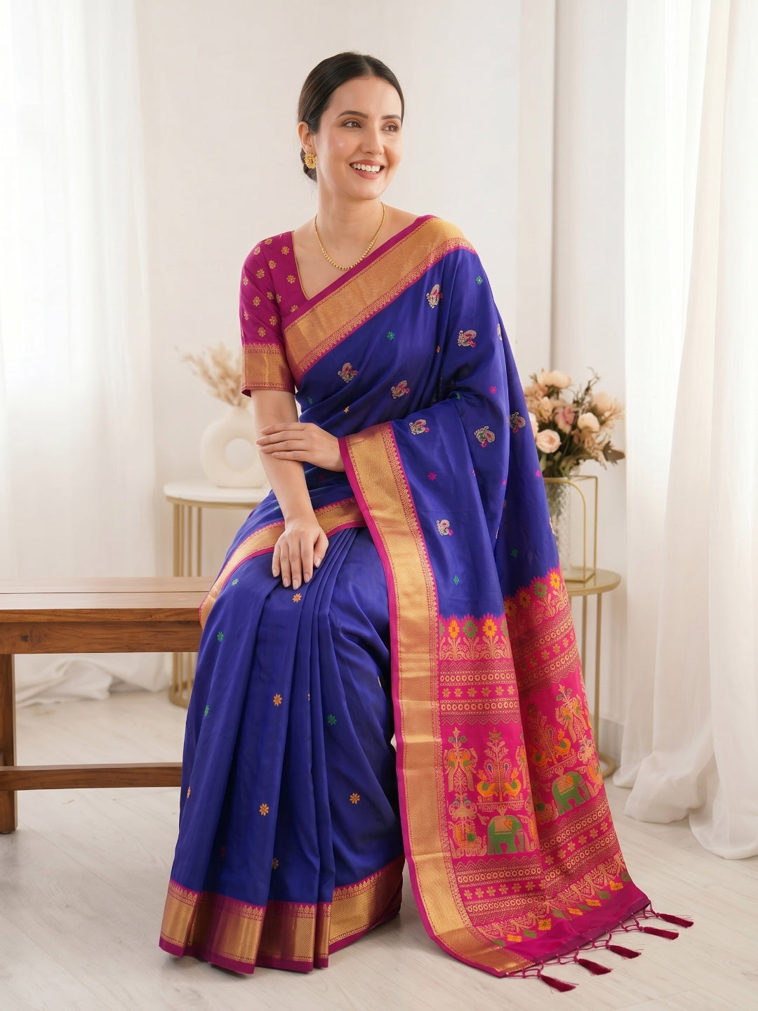 Violet Traditional Soft Silk Saree with Floral &amp; Peacock Pattern Saree