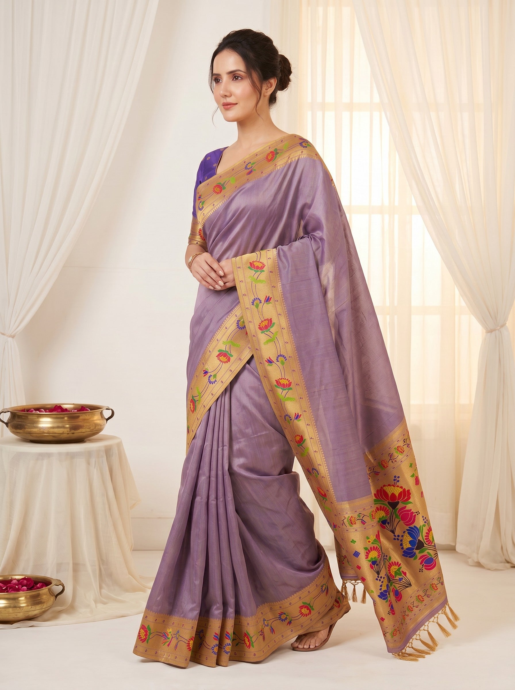 Violet Premium Soft Brocade Tissue Paithani Silk Saree