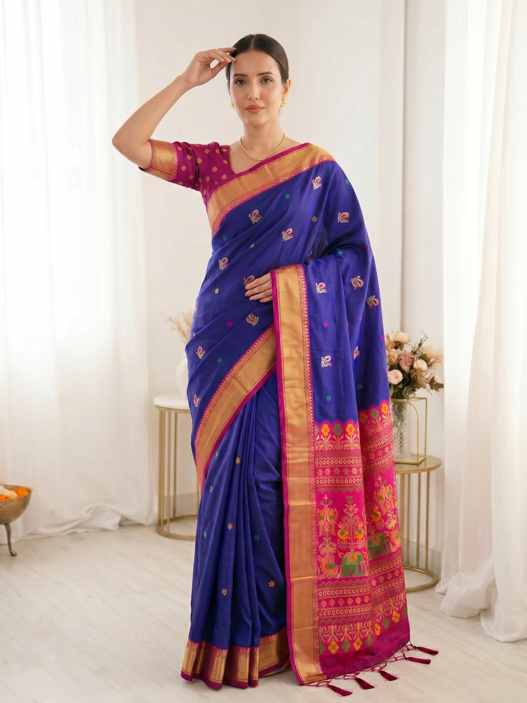 Violet Traditional Soft Silk Saree with Floral &amp; Peacock Pattern Saree